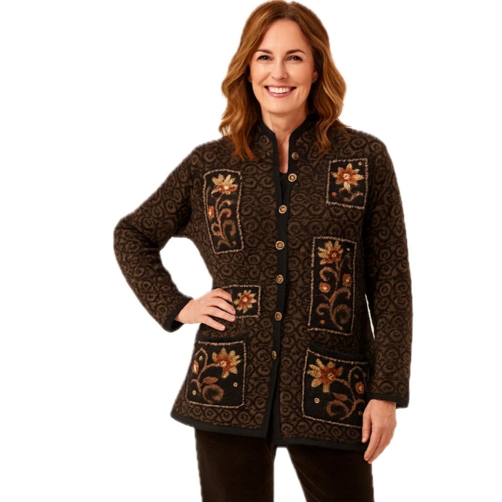 Coldwater‎ Creek Womens Shetland Wool Fair Isle Floral Embroidered Knit Cardigan
